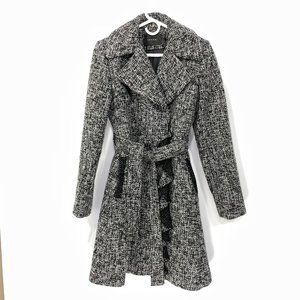Tahari Women’s Trench Coat Tweed Size 6 Belted Wool Blend with Raffle Detail